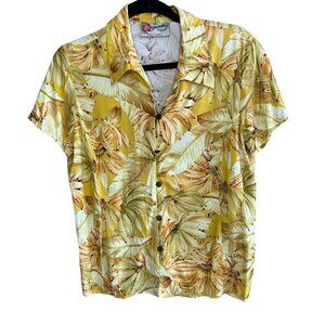 Hilo Hattie Women's Vintage Banana Print Hawaiian Aloha Camp Shirt Size Medium